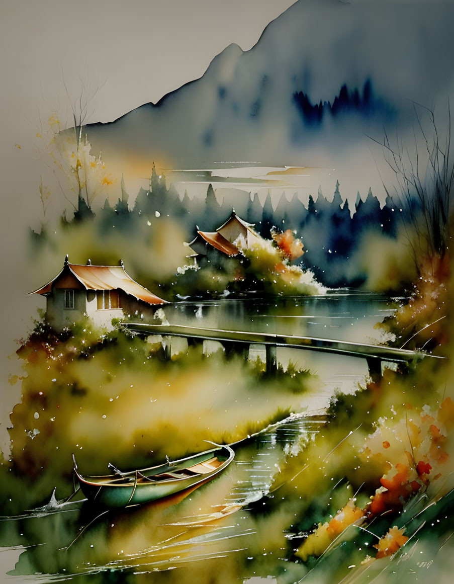 Serene Asian Landscape Painting with Traditional Pavilions and Misty Mountains