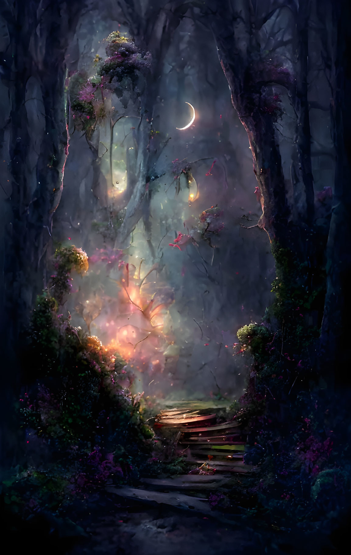 Ethereal nighttime forest path with glowing flowers and crescent moon