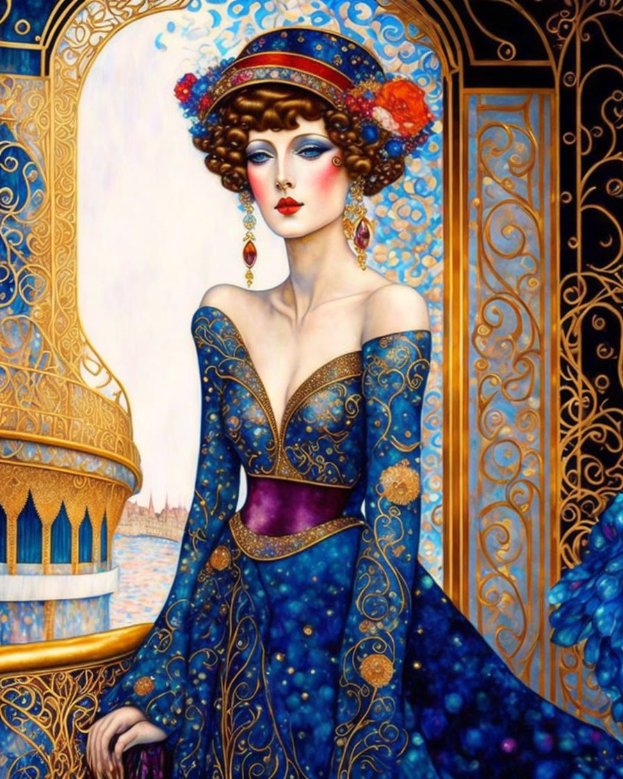 Woman in ornate blue & gold dress with intricate patterns - elegant fashion illustration.