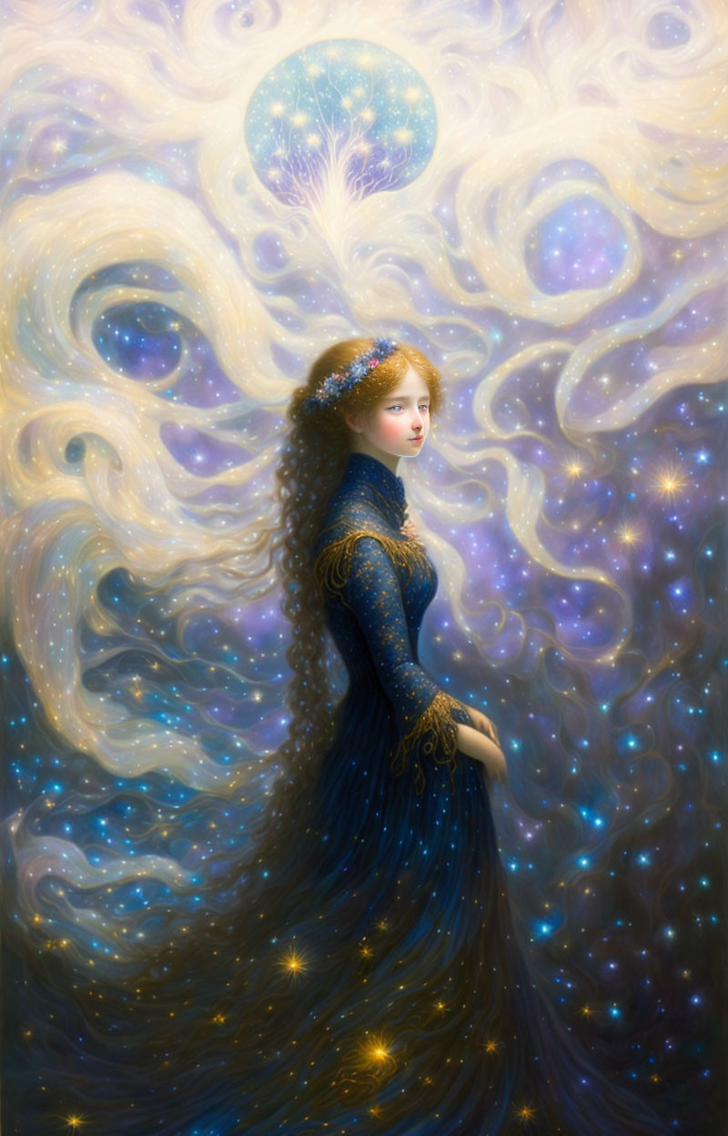 Celestial-themed painting of a woman with starry hair and cosmic backdrop