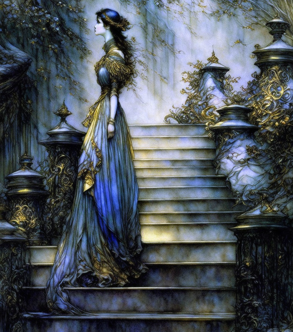 Elegant woman in blue gown on ornate staircase with golden accents