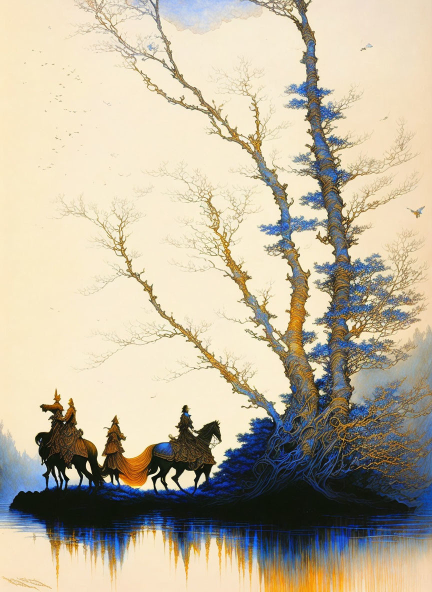 Equestrians by Water with Tree and Birds at Twilight