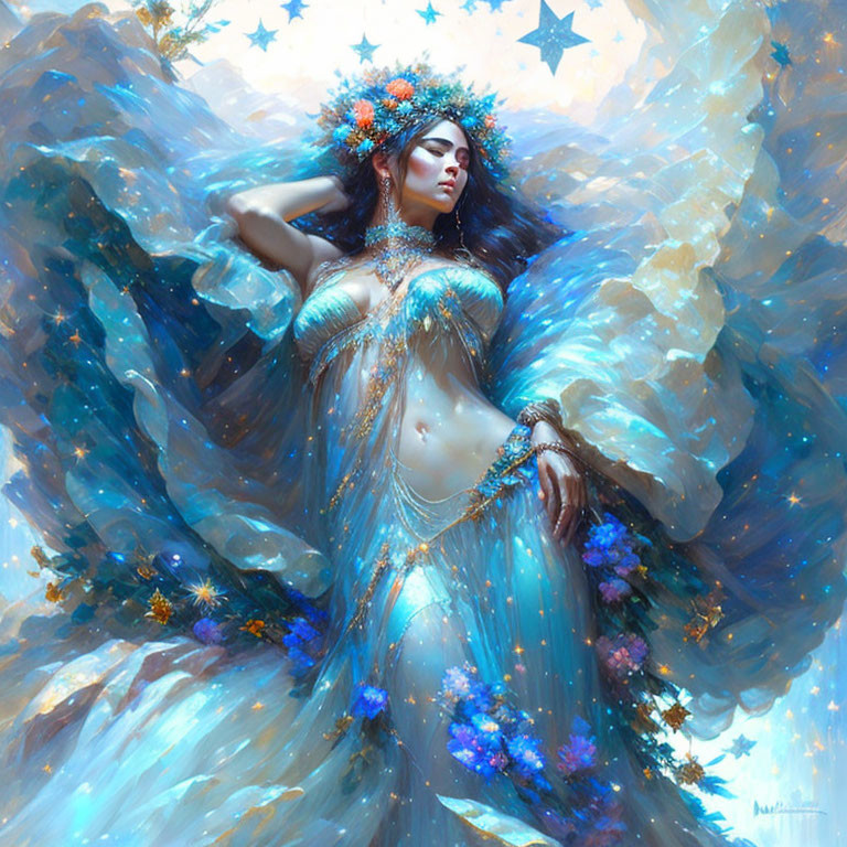 Woman adorned with flowers and stars in flowing blue garments against dreamy backdrop