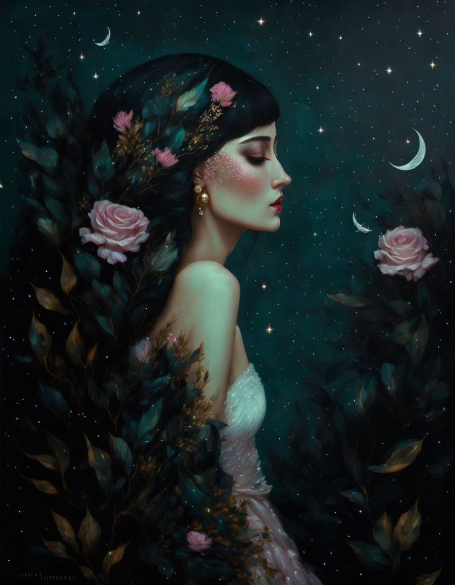 Celestial-themed artwork of a woman in floral crown and starry gown