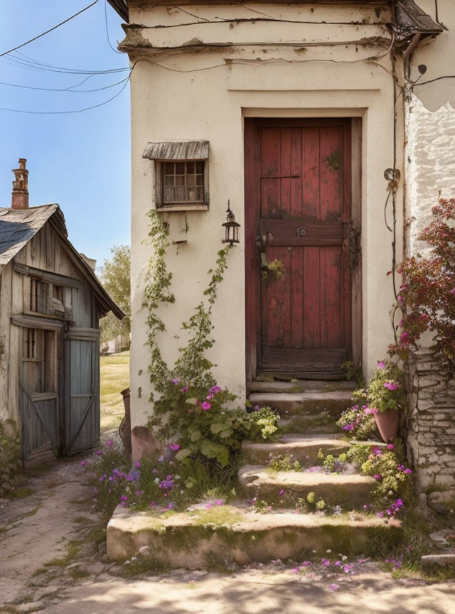 Old house with red door, stone steps, greenery, and purple flowers