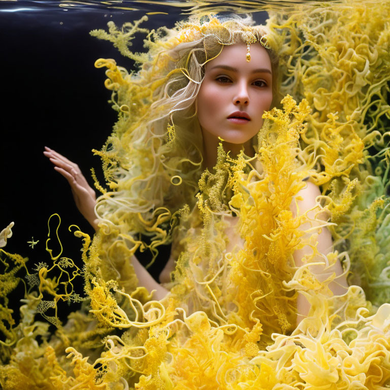 Ethereal makeup woman floats in swirling underwater illusion