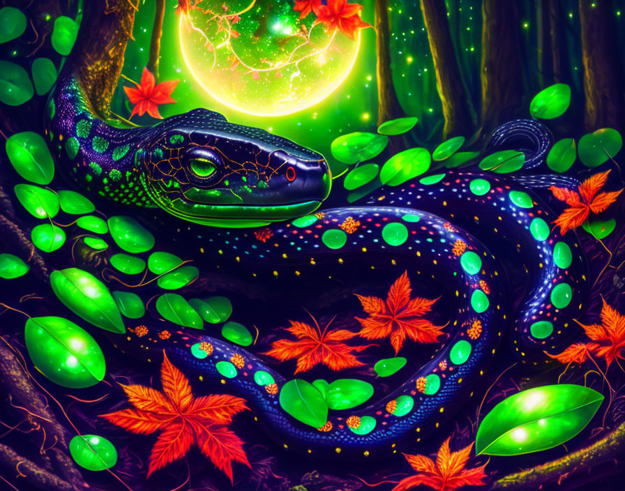 Colorful neon-lit snake in mystical forest with glowing leaves and green orb