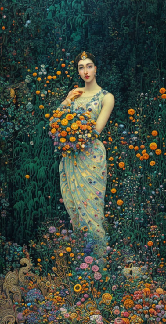 Woman in floral dress surrounded by greenery holding orange flower bouquet