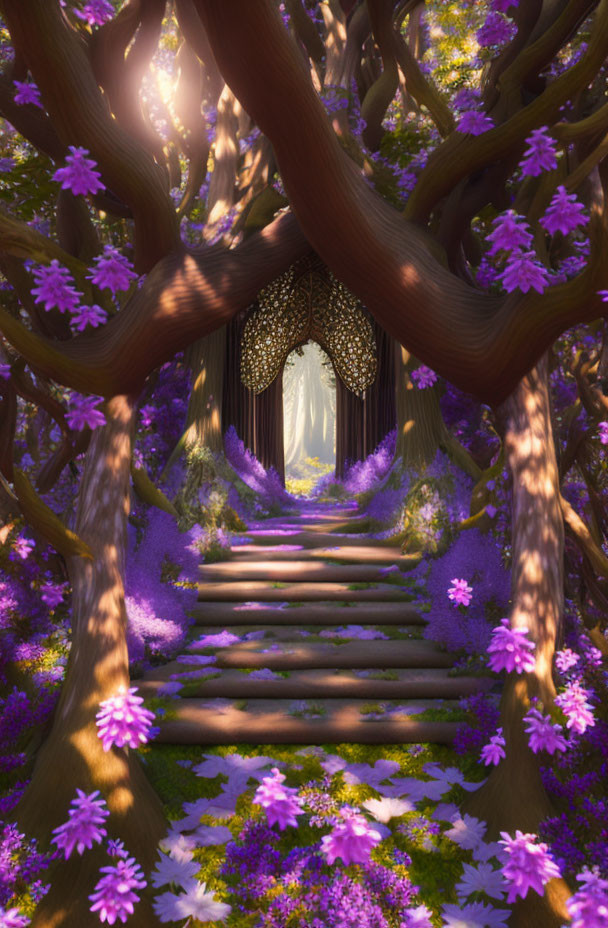 Enchanting forest with purple flowers, intertwining trees, and glowing doorway