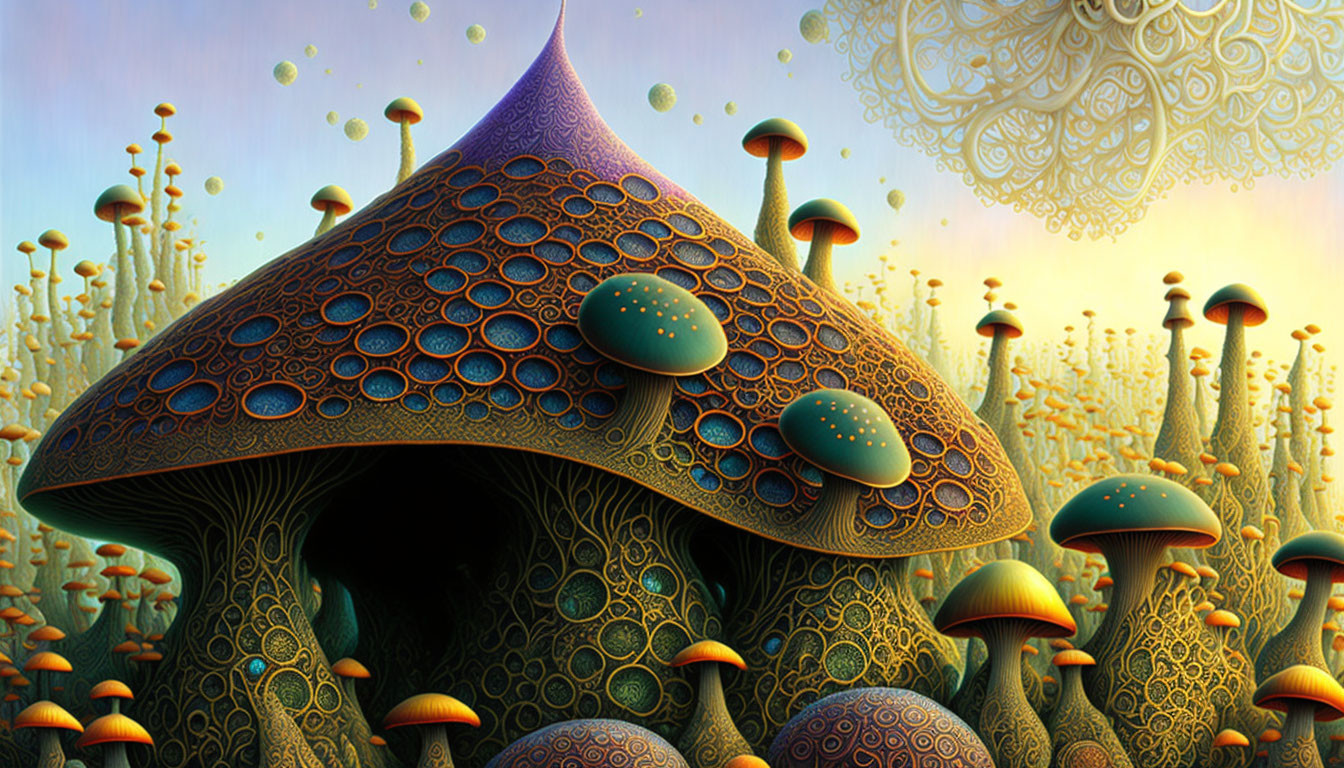 Colorful surreal landscape with oversized mushrooms and intricate patterns.