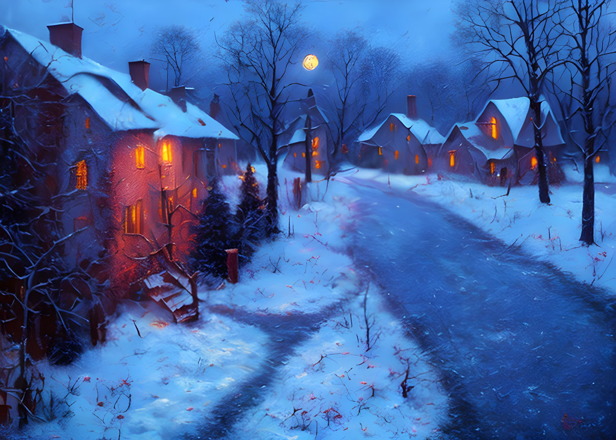 Snowy evening village scene with warm glowing lights and full moon