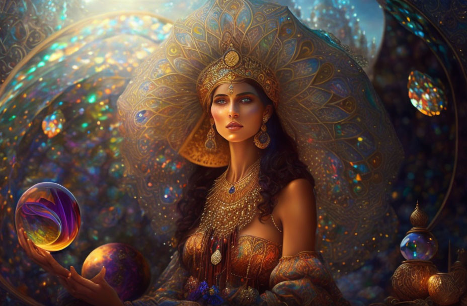 Golden headdress woman gazes at floating orb in mystical forest