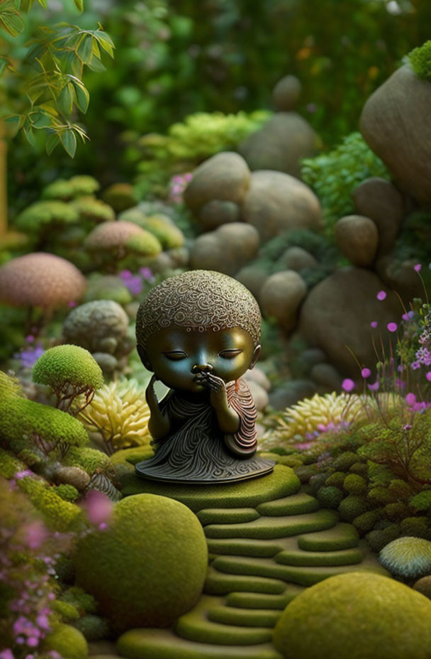 Meditating figure sculpture in serene garden with mossy rocks, green plants