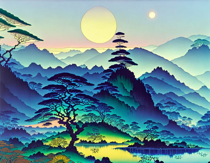 Stylized landscape painting with mountains, lake, pine trees, sun, and gradient sky