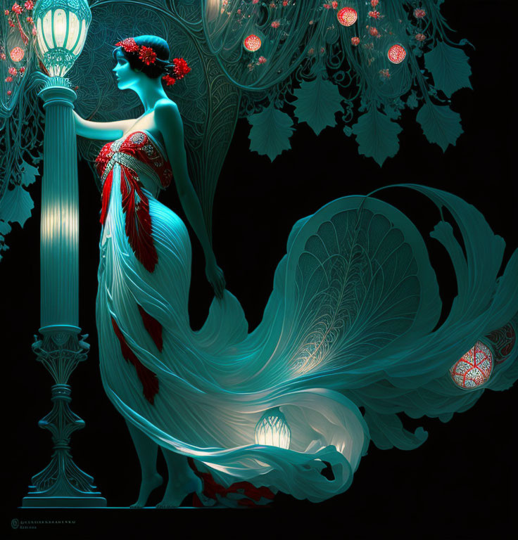 Digital art: Woman in flowing dress under ornate umbrellas