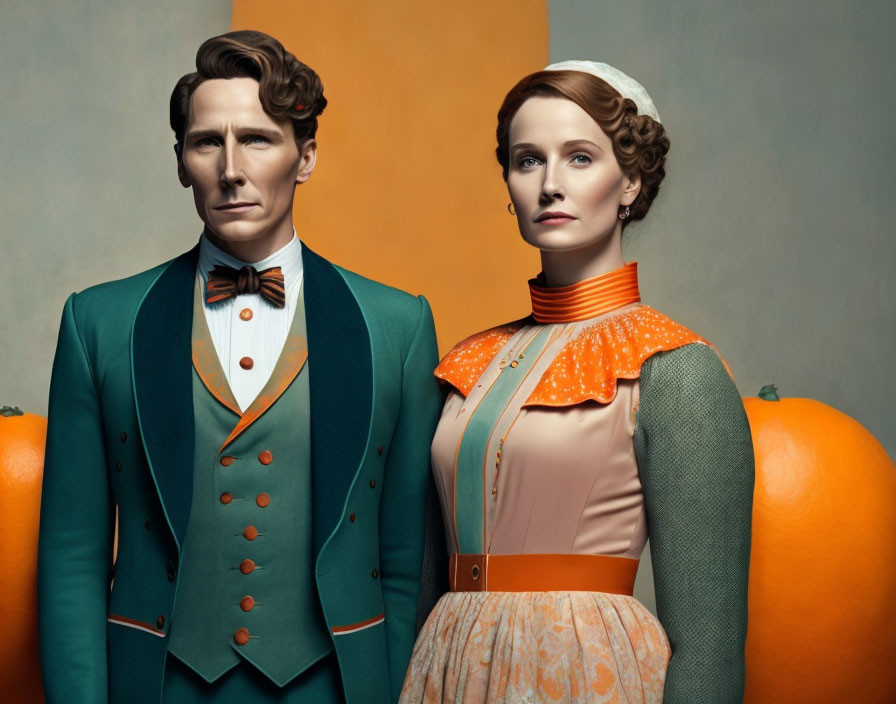 Vintage Clothing Couple Poses with Oranges and Orange Background