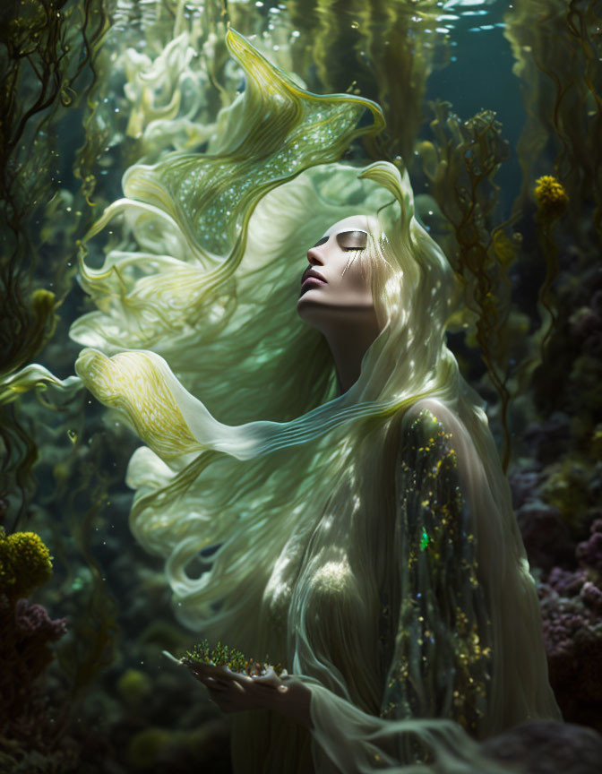 Ethereal woman with flowing blond hair in serene underwater scene