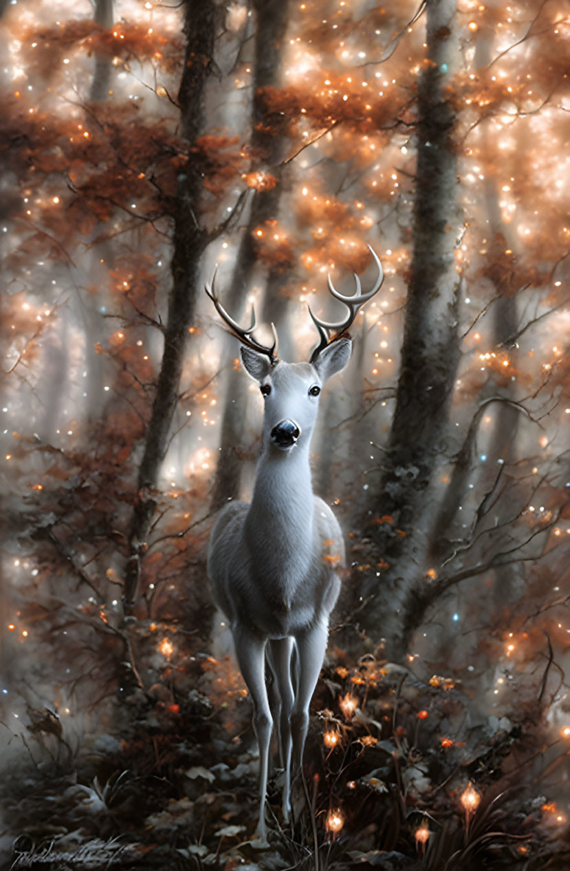 Mystical white deer in enchanted forest with glowing lights