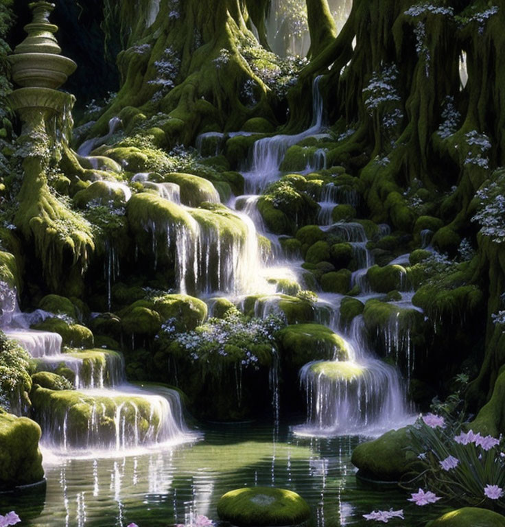 Tranquil forest scene with moss-covered trees, cascading waterfalls, and calm pools