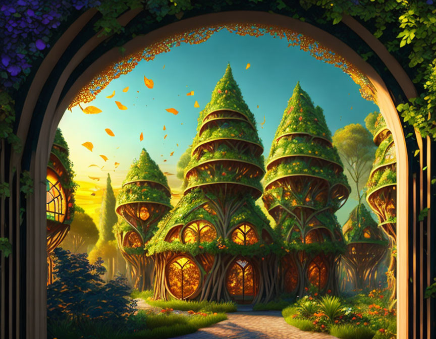 Enchanting forest scene with towering tree houses and vibrant foliage