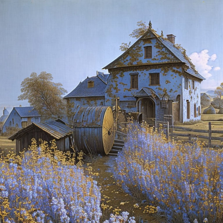 Vintage house with thatched roof in field of blue flowers and wooden wheel