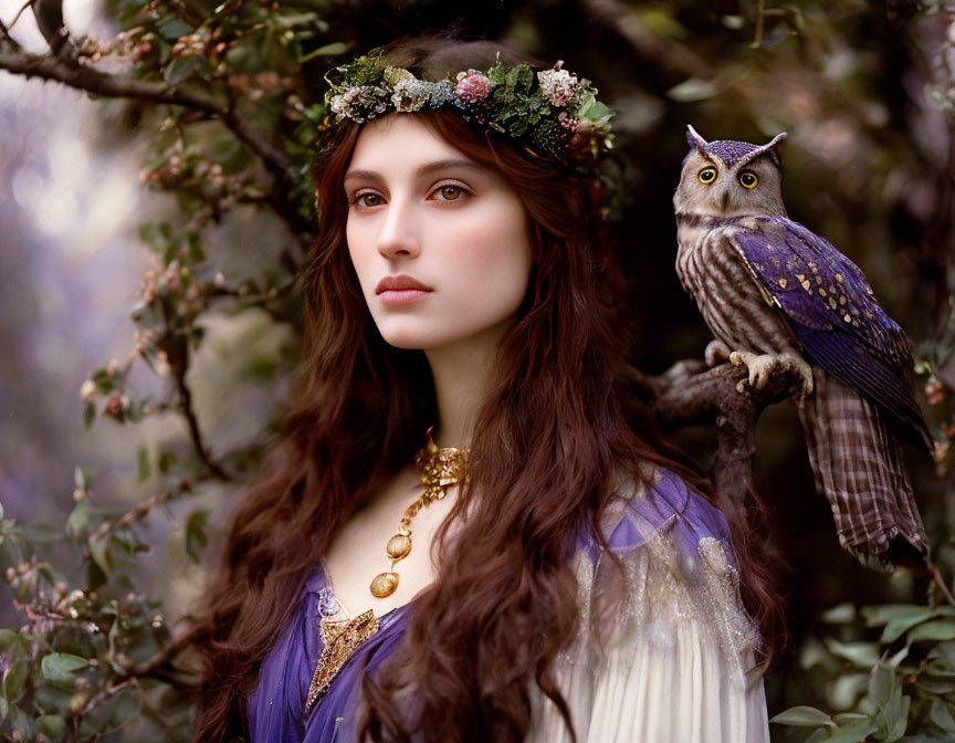 Woman in floral crown and medieval attire with owl in wooded area