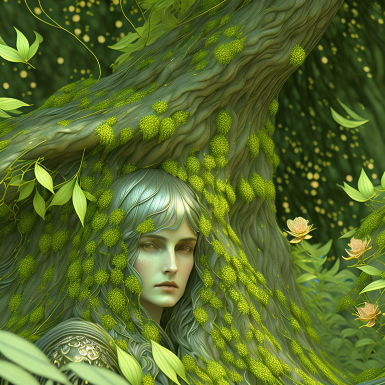 Fantasy scene: Woman with green hair merging into tree in lush foliage.