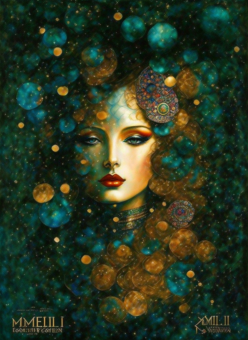 Vibrant portrait of a woman with jeweled hair accessories on starry background