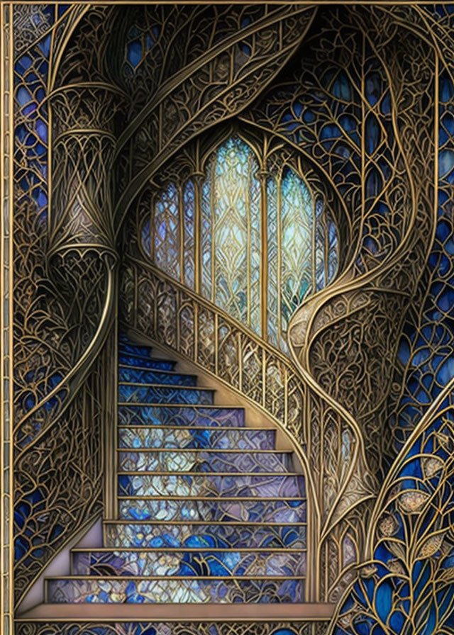 Intricate Metalwork Spiral Staircase with Blue Stained Glass