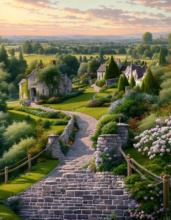 Stone pathway through lush garden to quaint cottages in green hills at dusk