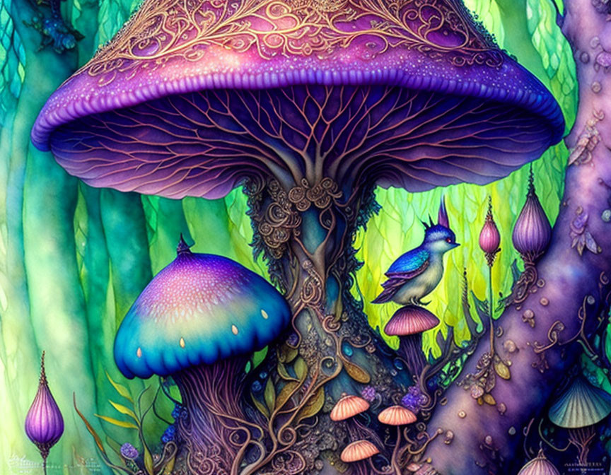 Fantastical oversized mushrooms with luminescent bird in enchanted forest