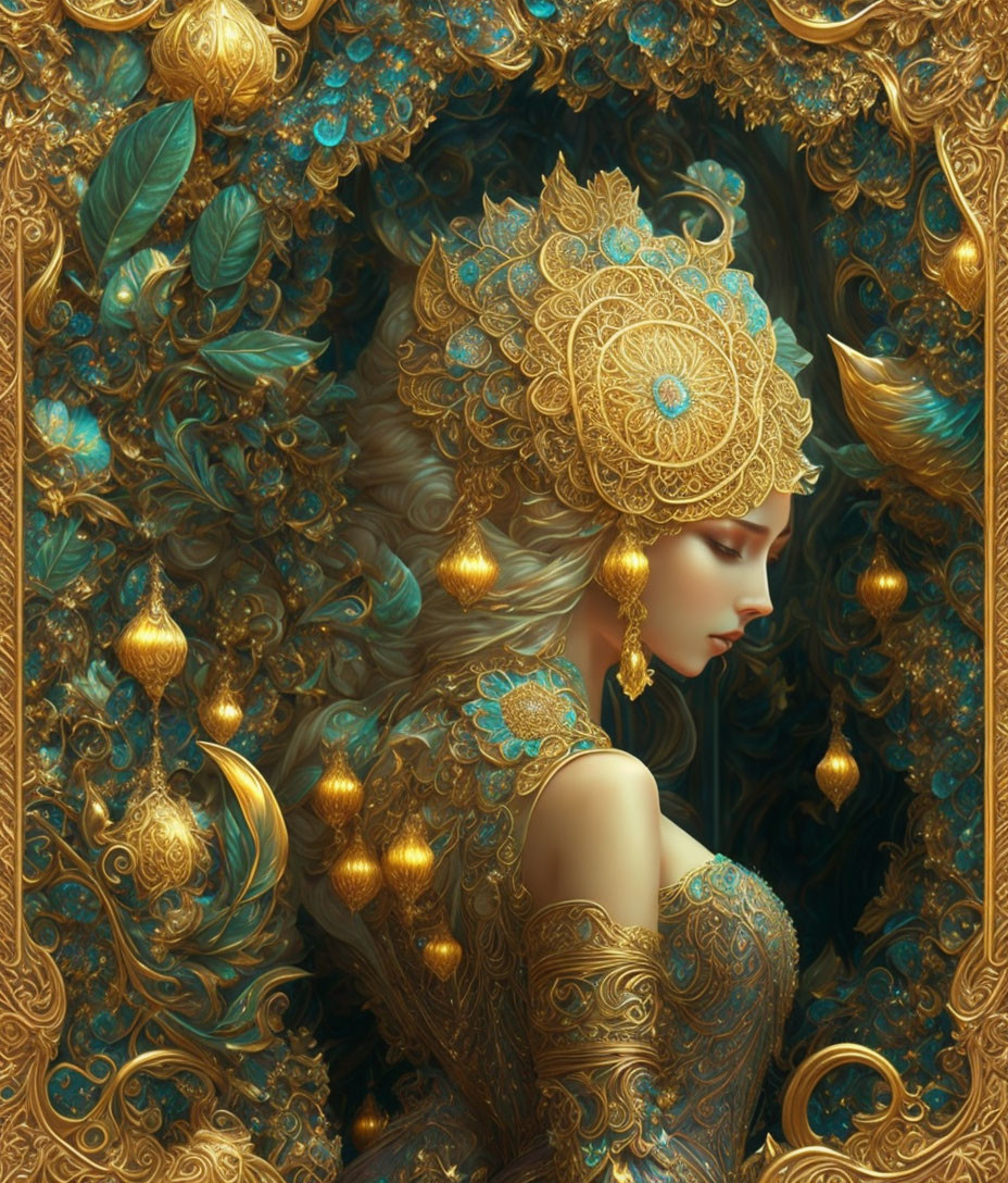 Luxurious Golden Headgear Woman Illustration on Baroque Turquoise Background