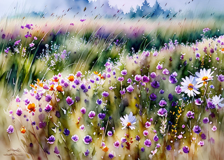 Colorful Watercolor Painting of Lush Meadow with Flowers