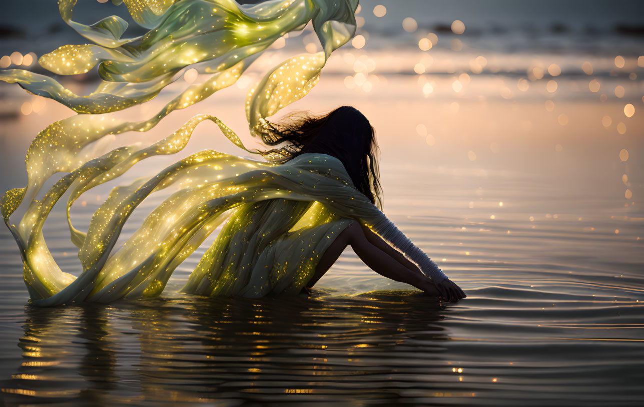 Flowing garment shines in shallow water at sunset