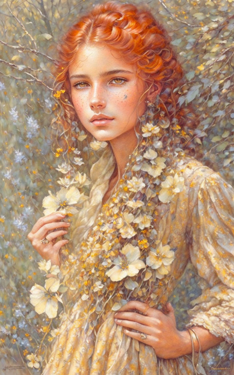 Red-haired woman with freckles in yellow floral dress, surrounded by flowers and butterflies