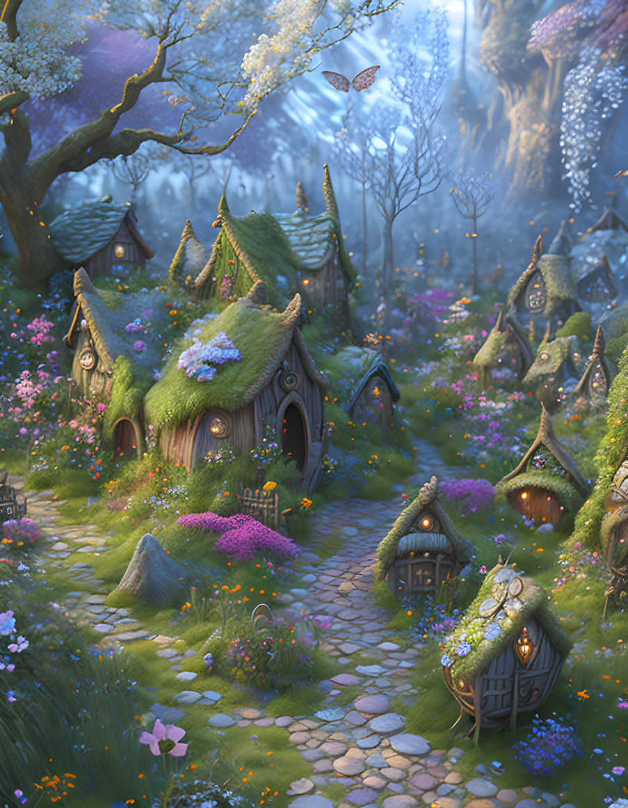 Whimsical fairy houses in colorful flower forest