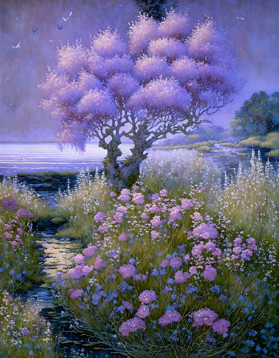 Twilight painting: Serene scene with purple tree, pink flowers, and calm river