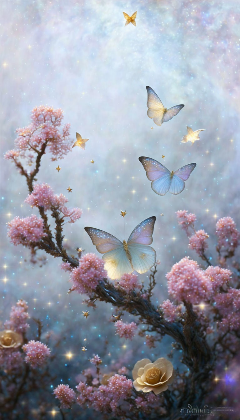 Butterflies in blooming branches under twinkling stars