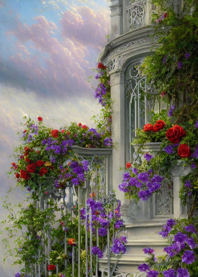 Traditional balcony with vibrant flowers under overcast sky