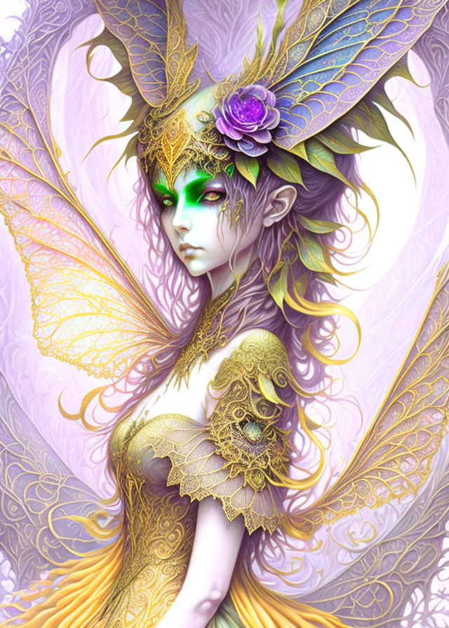 Ethereal female figure with fairy wings in golden attire against purple backdrop