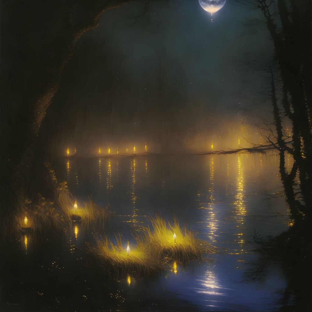 Mystical Nocturnal Landscape with Floating Lanterns and Luminous Moon