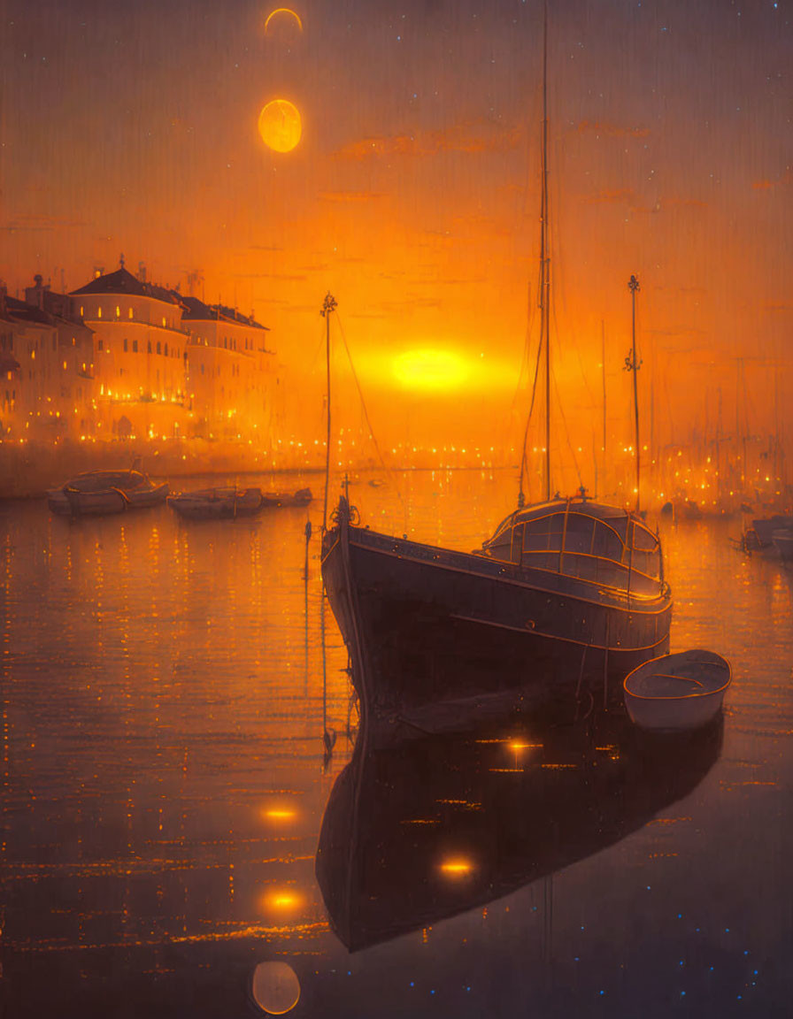 Boats on tranquil water with glowing lights at vivid orange sunset