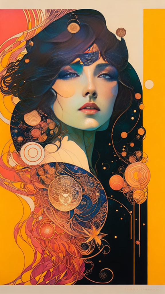 Abstract woman illustration with flowing hair and circles on yellow-orange background