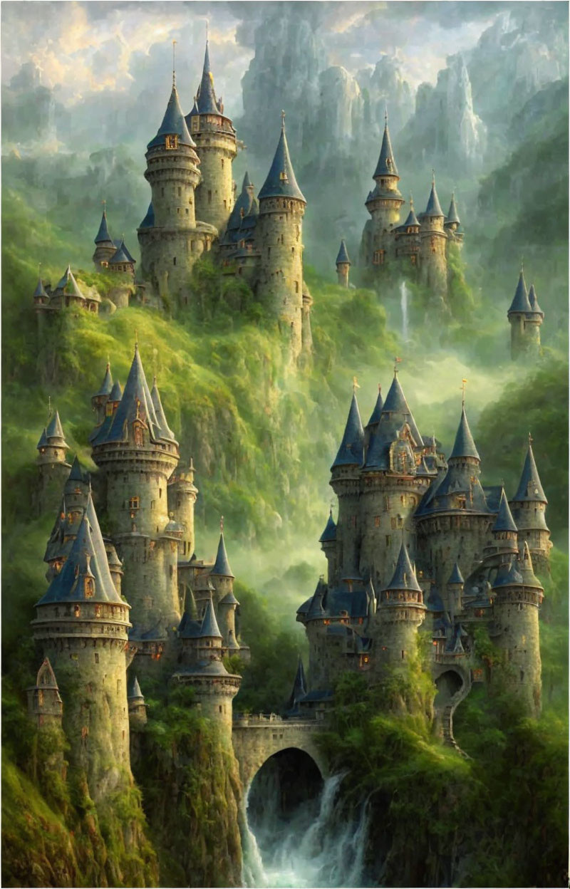 Misty landscape with towering castles on green cliffs