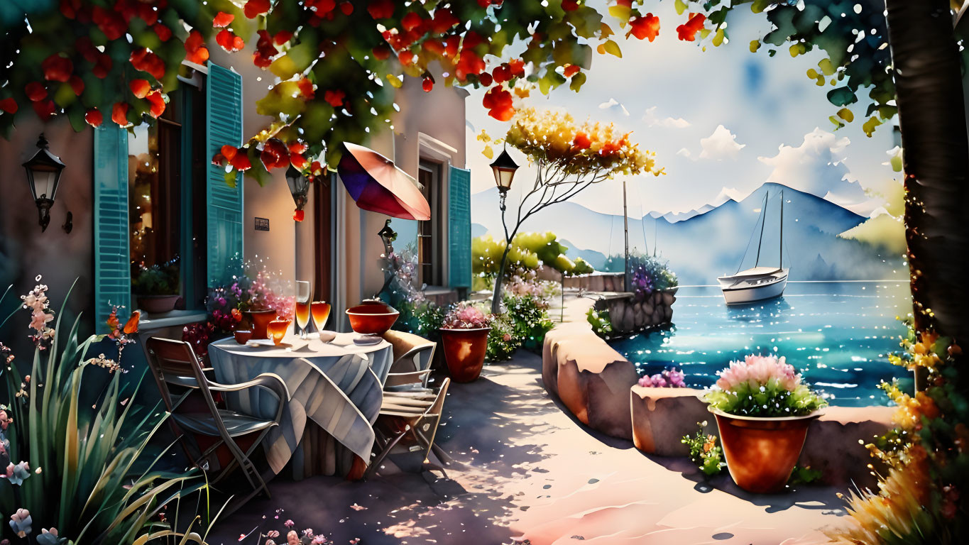 Scenic lakeside dining area with sailboat, flowers, and mountains