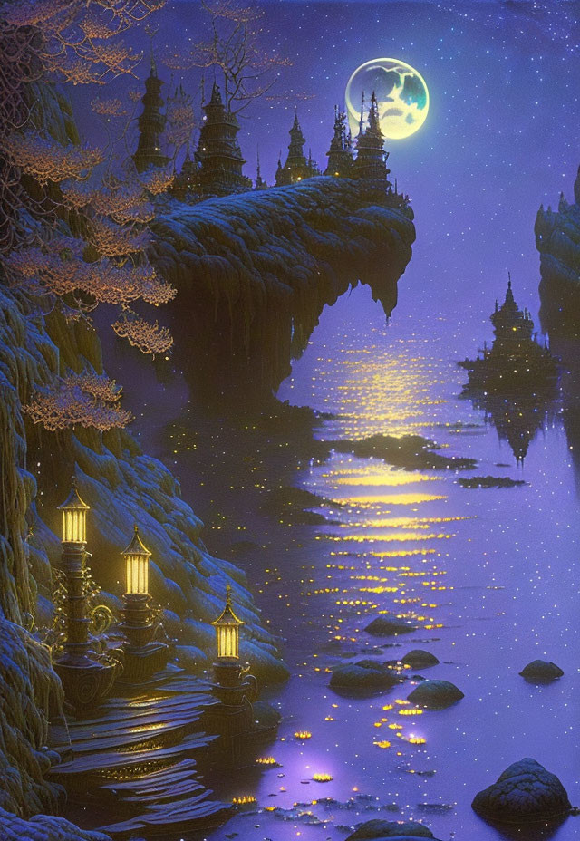 Fantastical night scene with illuminated castles, glowing moon, golden-lit stairs, and water