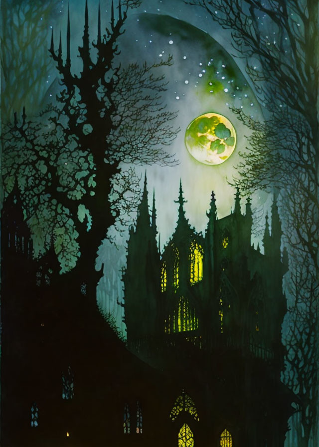 Gothic cathedral silhouette under full moon and starry sky.