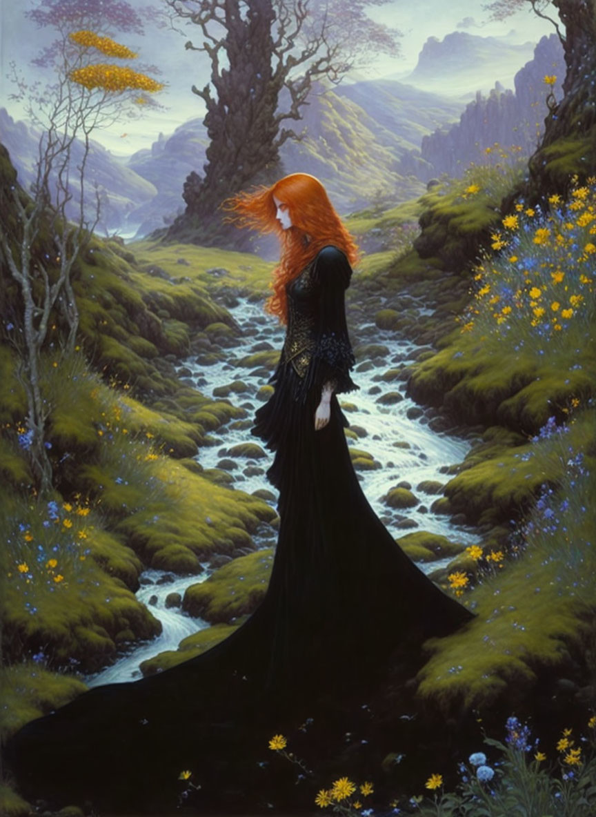 Woman with Long Red Hair in Black Dress by Creek in Green Landscape