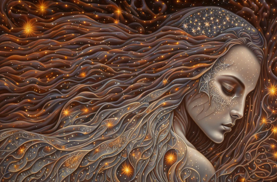 Fantasy artwork: Woman with flowing hair and cosmic elements.