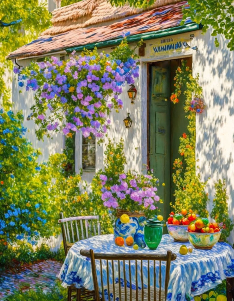 Charming cottage entrance with purple flowers, fruit table, and open door.